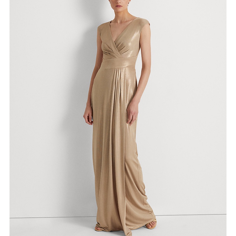 Lauren Ralph Lauren Foil-Print Jersey Surplice Gown Gold size 8